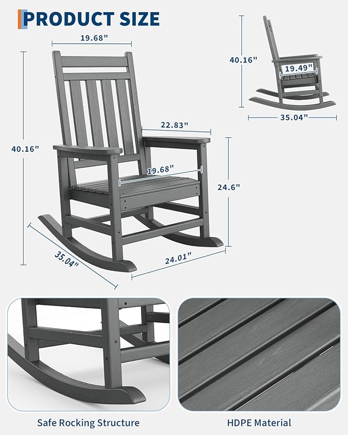 GarveeLife Poly Lumber Rocking Chair Outdoor Set of 4- HDPE High Back Porch Rocker Chairs for Adults - All Weather Resistant Furniture for Patio - Gray