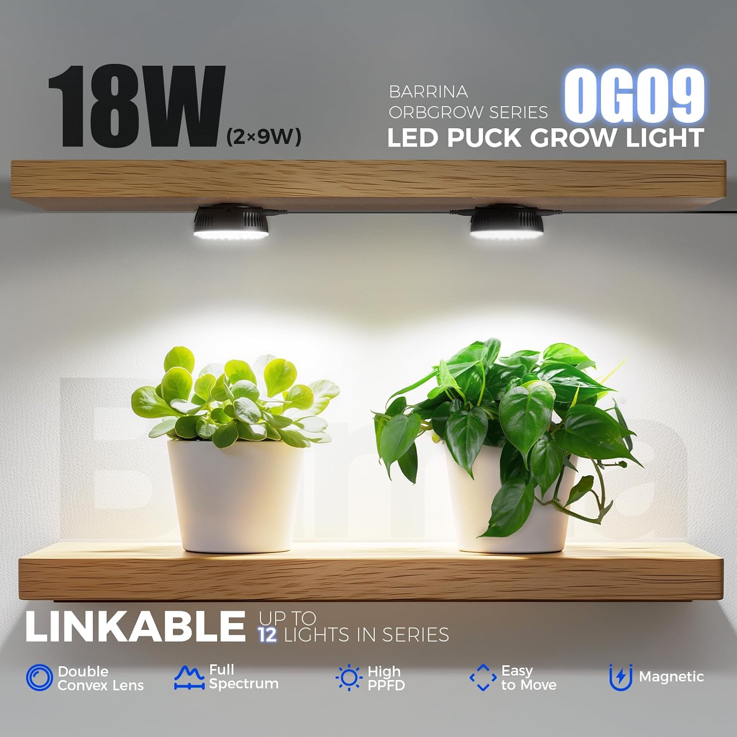 Barrina OG09 Puck Grow Light, 18W(2 x 9W), 5000K, Timer, 2 Packs, Black | Full Spectrum Plant Light for Indoor Plants, Magnetic & Linkable, 5 Levels Dimmable, Small Grow lamp, Perfect for Plant Shelf