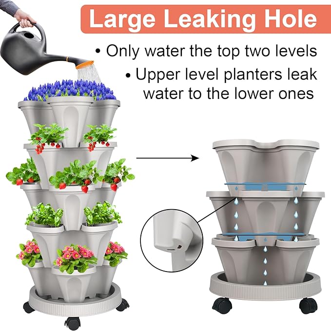 GameXcel Vertical Planter 5 Tier Stackable Planters Garden Planters Strawberry Herb Flower and Vegetable Planter Indoor Outdoor Gardening Pots with Removable Wheels and Tools