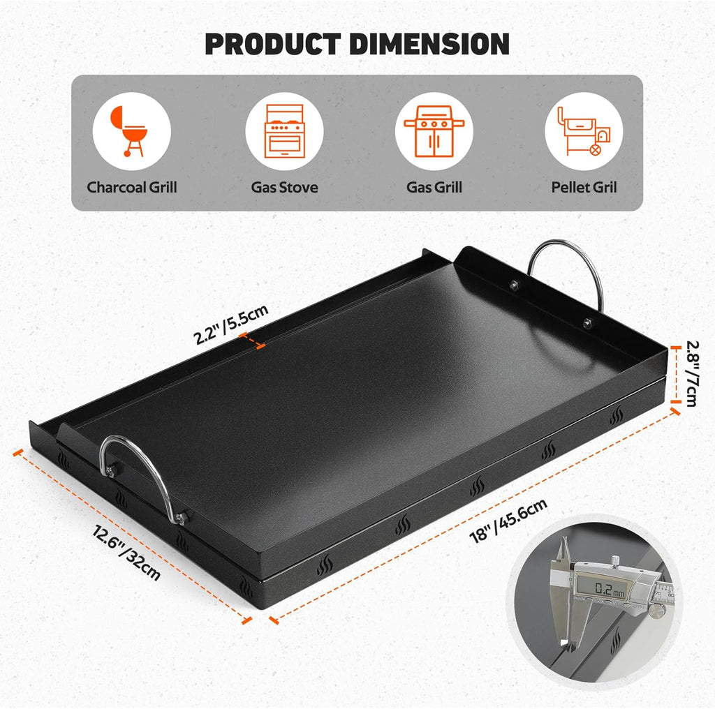 Onlyfire Universal BBQ Griddle with Handles for Most Grills, Ceramic Coated Non-stick Flat Top Griddle for Outdoor Cooking, 18"L x 12.6"W x 2.8"H " | Ceramic Coated Non-stick Flat Top Griddle for Outdoor Cooking