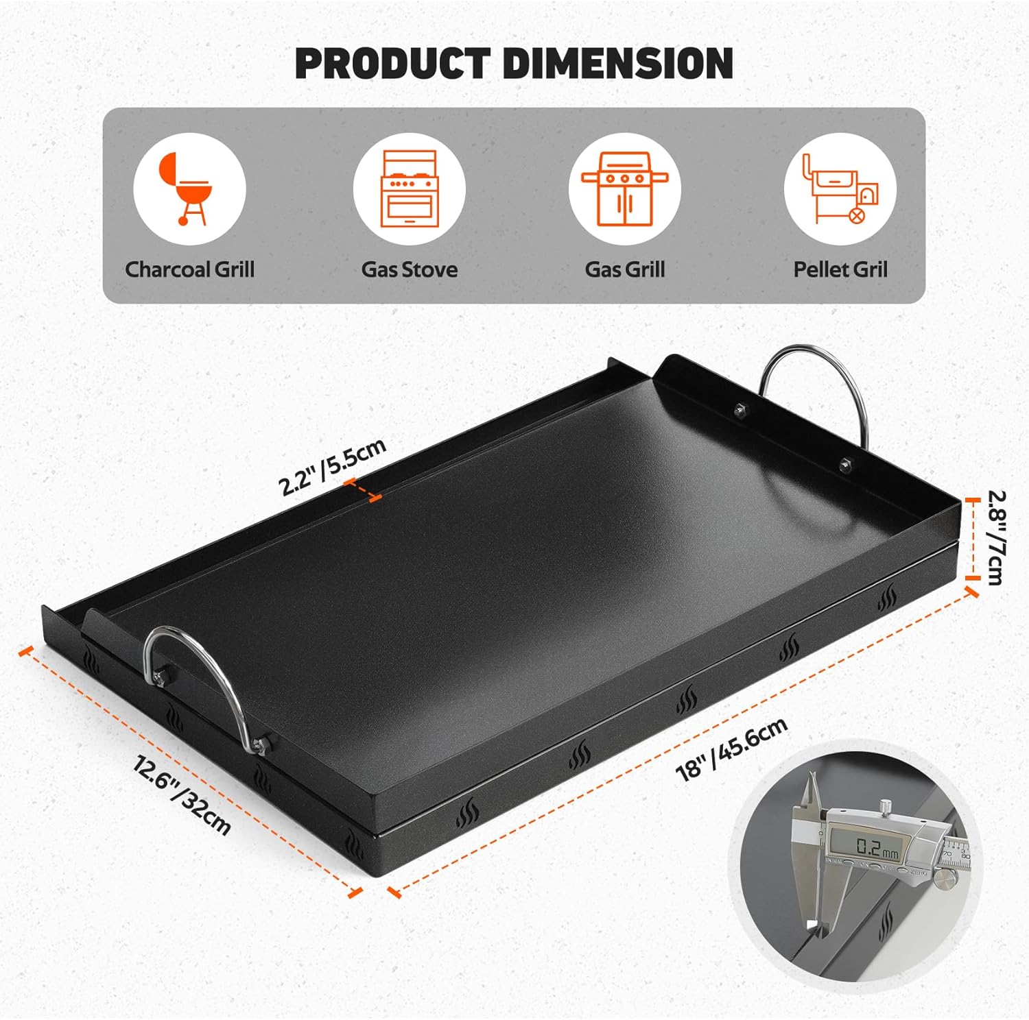 Onlyfire Universal BBQ Griddle with Handles for Most Grills, Ceramic Coated Non-stick Flat Top Griddle for Outdoor Cooking, 18"L x 12.6"W x 2.8"H " | Ceramic Coated Non-stick Flat Top Griddle for Outdoor Cooking