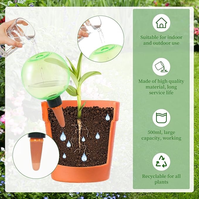 6pcs Large Plant Self Watering Globes, 17.5 oz Plastic Water Bulbs Top Fill, Plant Watering Devices System Slow Release Terracotta, Water Spikes Stakes for Indoor(6pack)