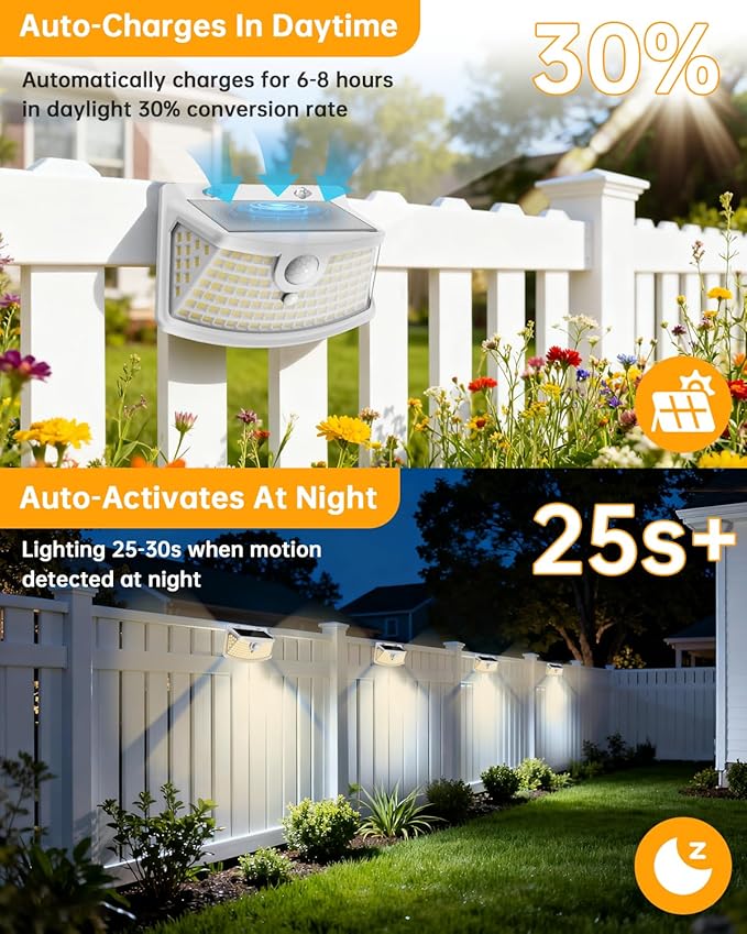 Aootek New Solar Motion Sensor Lights 120 LEDs with Lights Reflector,270° Wide Angle, IP65 Waterproof, Step Lights for Front Door, Yard, Garage, Deck (White, Warm White, 6-Pack)