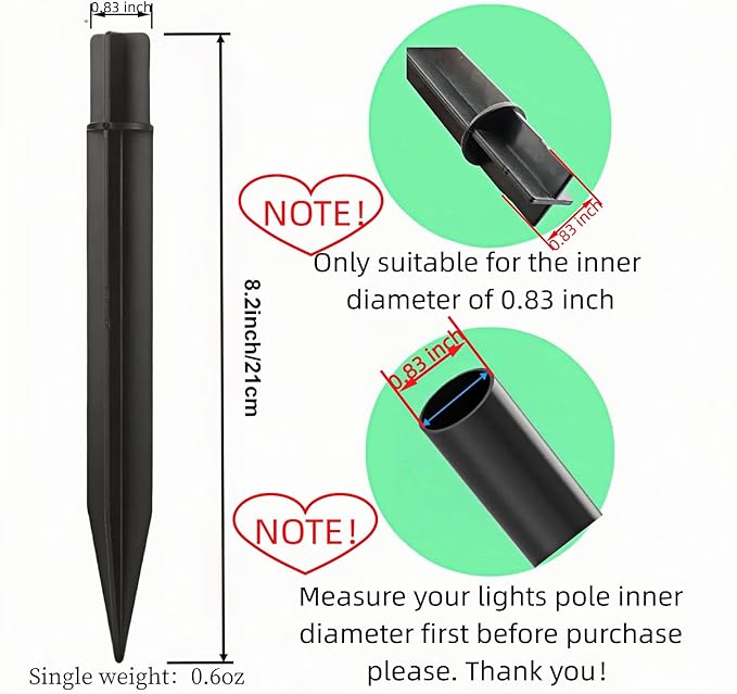 8.25" Reinforced ABS Plastic Solar Ground Spikes - Durable Solar Light Replacement Stakes for Garden, Pathway, Deck, Camping, Christmas Lights (Fits 0.83" Inside Diameter) (Black-2 Pack)
