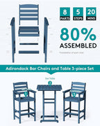 SERWALL Balcony Adirondack Chairs and Table 3 Pieces Set, Adirondack Bar Height Chairs Set of 2 and Bar Table, Outdoor Bar Stools Set for Bistro, Poolside, Backyard, Blue