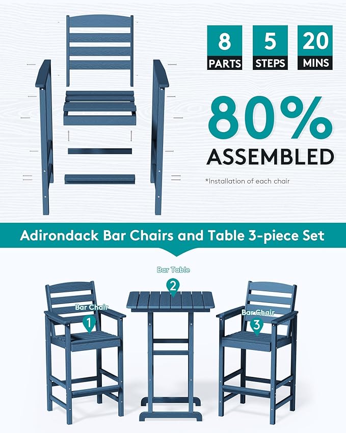 SERWALL 4 Pieces Outdoor Patio Bar Set with 9ft Umbrella, Outdoor HDPE Barstool and Table Furniture Set with Patio Umbrella, Blue