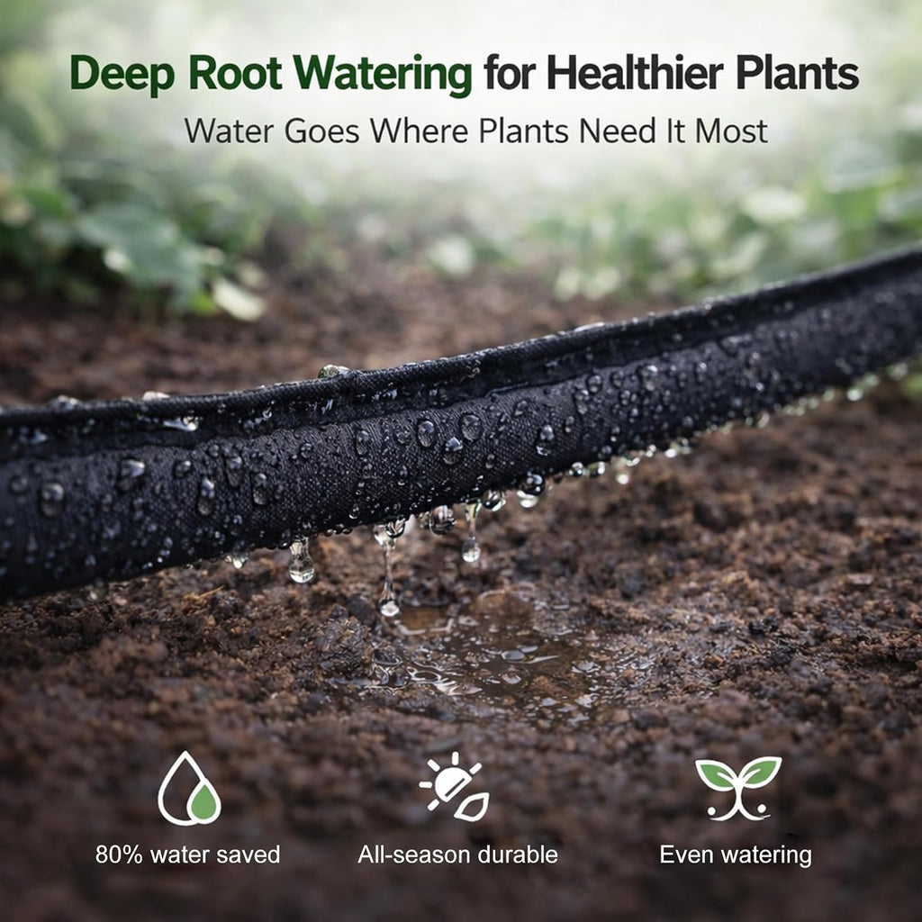 Flat Soaker Hose 25 ft 4-Pack with Splitter, 80% Water-Saving Drip Irrigation Hose 100 ft, Linkable DIY Garden Soaker Hose System for Garden Beds, Lawn, Vegetables & Trees (25ft 4-pack)