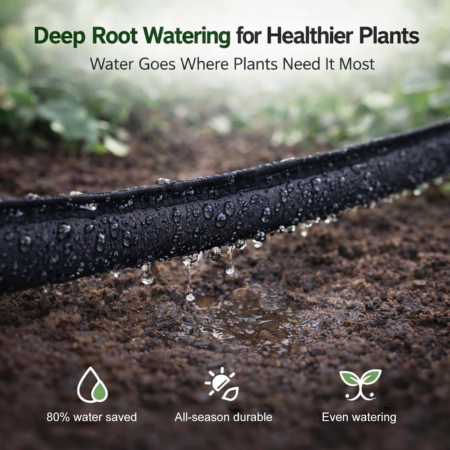 Flat Soaker Hose 25 ft 4-Pack with Splitter, 80% Water-Saving Drip Irrigation Hose 100 ft, Linkable DIY Garden Soaker Hose System for Garden Beds, Lawn, Vegetables & Trees (25ft 4-pack)