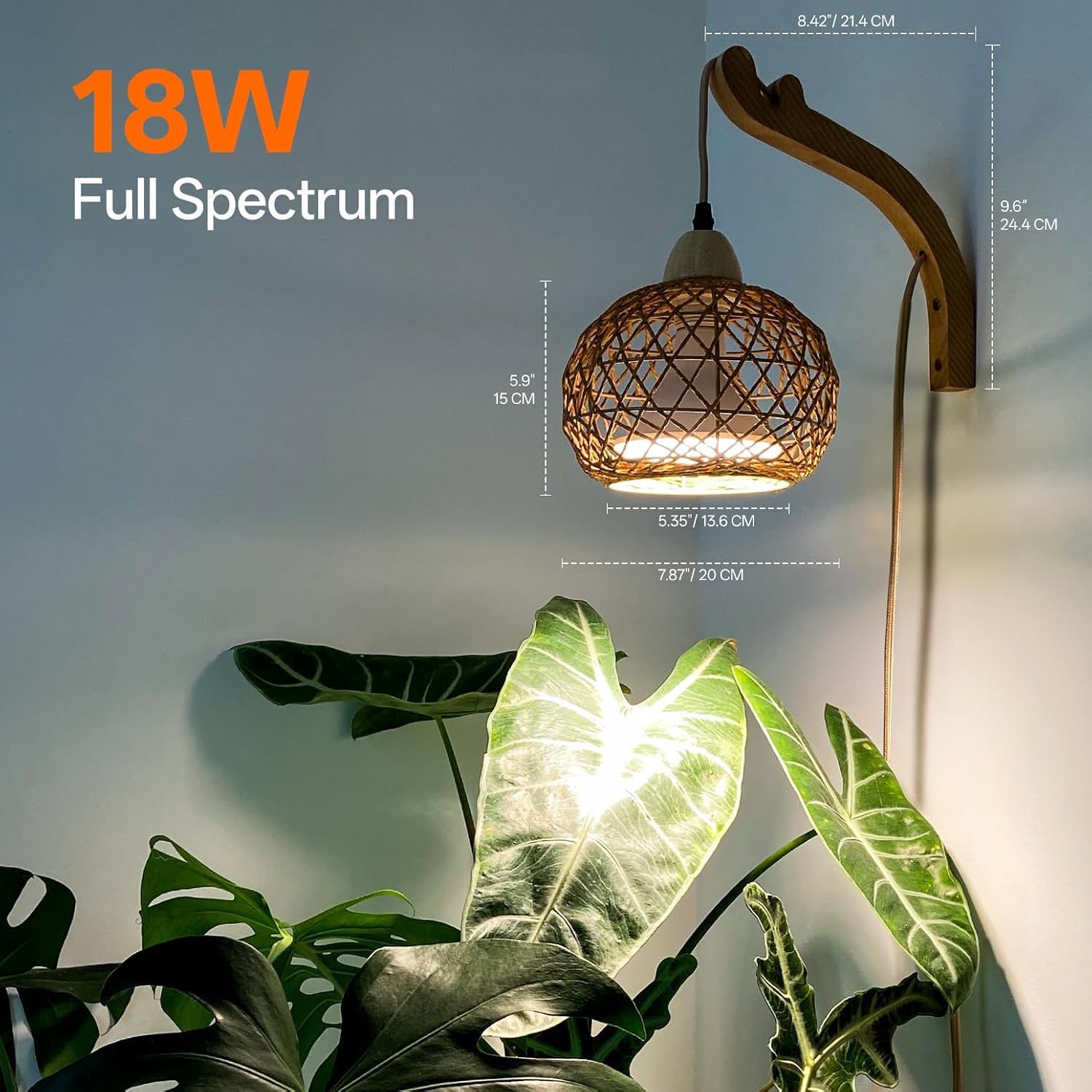 Hanging Grow Lights for Indoor Plants,3800K | 18W Wall-Mounted Decorative Grow Light with Boho Rattan Lantern Shade, 9.8FT Power Cord, for Indoor Plant Growing, Flowers