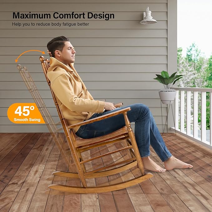 VINGLI Wooden Rocking Chair, Outdoor Chair with 450 lbs Support, Relaxing Rocker with Solid Wood High Back Seat Reclining Seat for Deck, Garden, Backyard, Porch, Indoor or Outdoor Use (Teak, 2PCS)