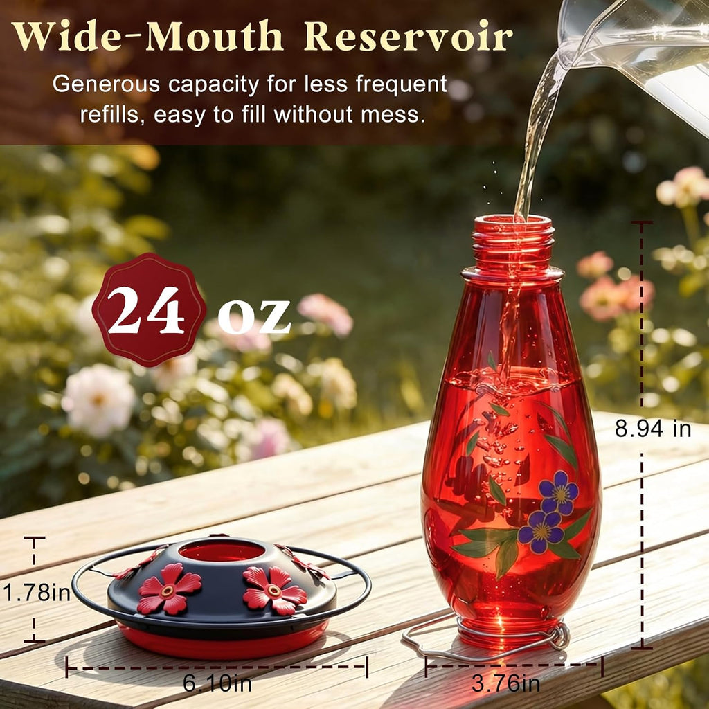 24 OZ Hummingbird Feeder for Outdoors Hanging, | Heavy-Duty Thick Glass With Floral Decals, Leak-Resistant Metal Base, 5 Feeding Ports & Perch