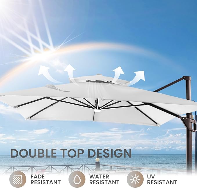 10 X 13 FT Cantilever Patio Umbrella with Led Lights and Base Included Outdoor Heavy Duty Double Top Rectangle Offset Umbrellas with 360-degree Rotation for Pool Deck Backyard, Foggy Grey