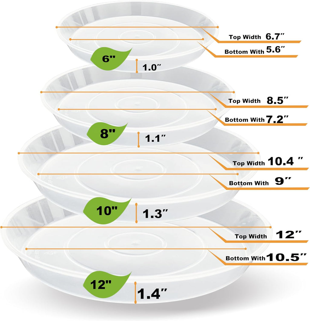 LWALRS 20 Pack Plant Saucer Tray (6 8 10 12 inch), Plant Saucers for Indoors Outdoor, Plastic Heavy Duty Drainage Drip Water Trays for Planter Pots Flower, Clear Pot Saucers Trays for Plants