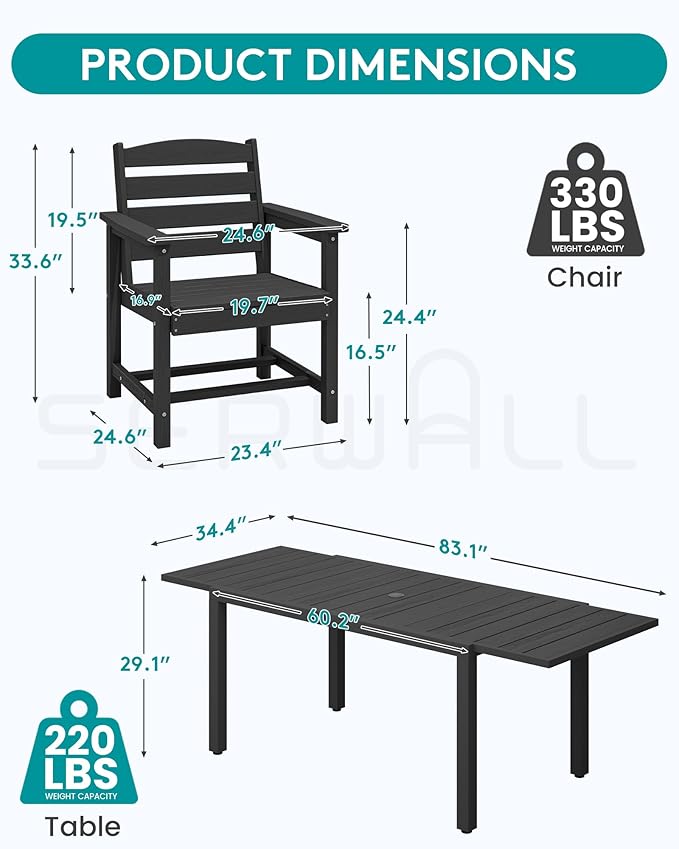 SERWALL 9-Piece Outdoor Dining Set, 60" - 83" Expandable Outdoor Dining Table and 8 HDPE Chairs, All Weather HDPE Outdoor Furniture Set for Backyard, Garden, Black
