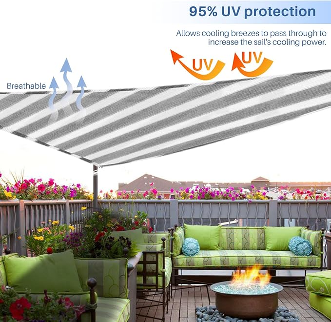 E&K Sunrise 24' x 24' x 24' Sun Shade Sail Triangle Canopy Shade Cover UV Block for Patio Backyard Garden Outdoor (Gray White Strip)