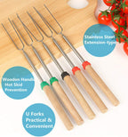 12 Marshmallow Roasting Sticks for Fire Pit - Extendable Smores Skewers | Wooden handle 32 inch telescoping forks with carry bag, perfect for hot dogs, campfire, BBQ, camping & backyard gatherings.