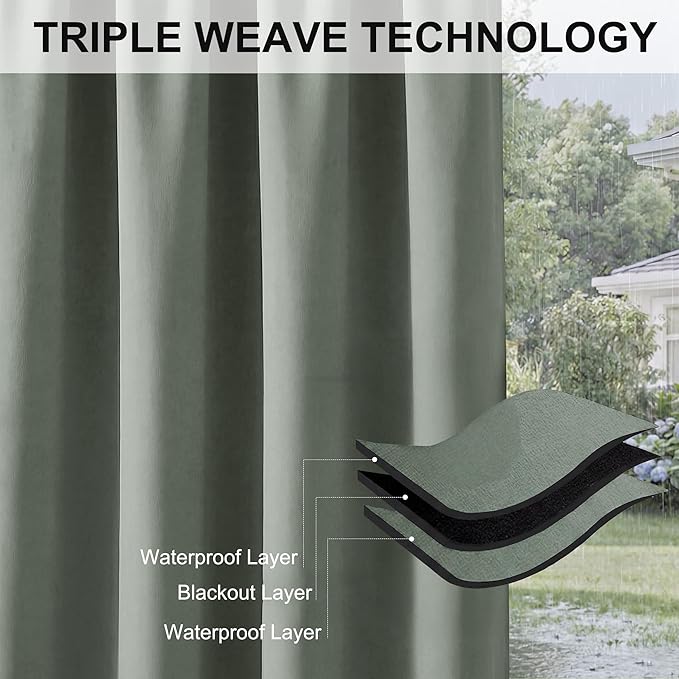 RYB HOME Outdoor Curtains for Patio Waterproof Block Sunlight Thermal Insulated Privacy Assured Thick Outside Curtains for Porch, Gazebo, Pergola, W52 x L84, Sea Green, 1 Panel