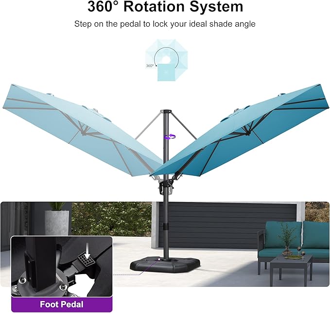 PURPLE LEAF 9' X 9' Left-right Tilt Patio Umbrella Outdoor Cantilever Swivel Square Umbrella with Tilt Aluminum Offset Umbrella with 360-degree Rotation for Garden Deck Pool Patio Turquoise Blue