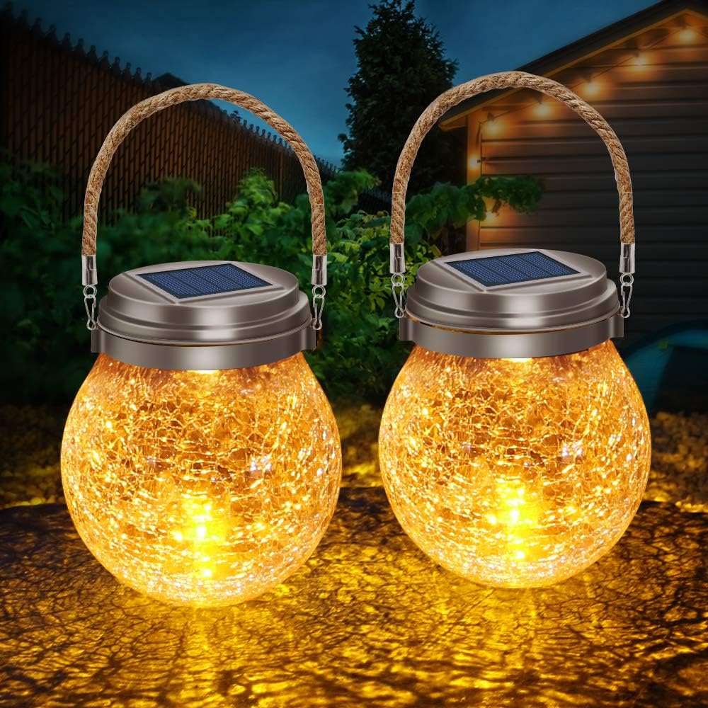 DBF Solar Lanterns Outdoor 2 Pack - Waterproof IP65 Hanging Solar Lights with Warm Amber & RGB Colors, Crackle Glass LED Ball Lights Globes Garden Decorative for Patio Tree Backyard Pathway Railing