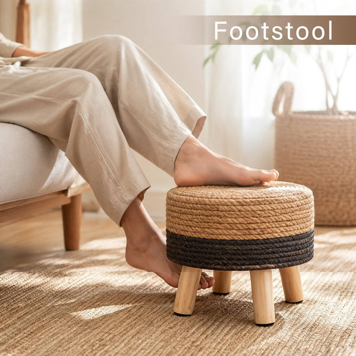 wimarsbon round foot stool natural seagrass poufs ottoman, side view