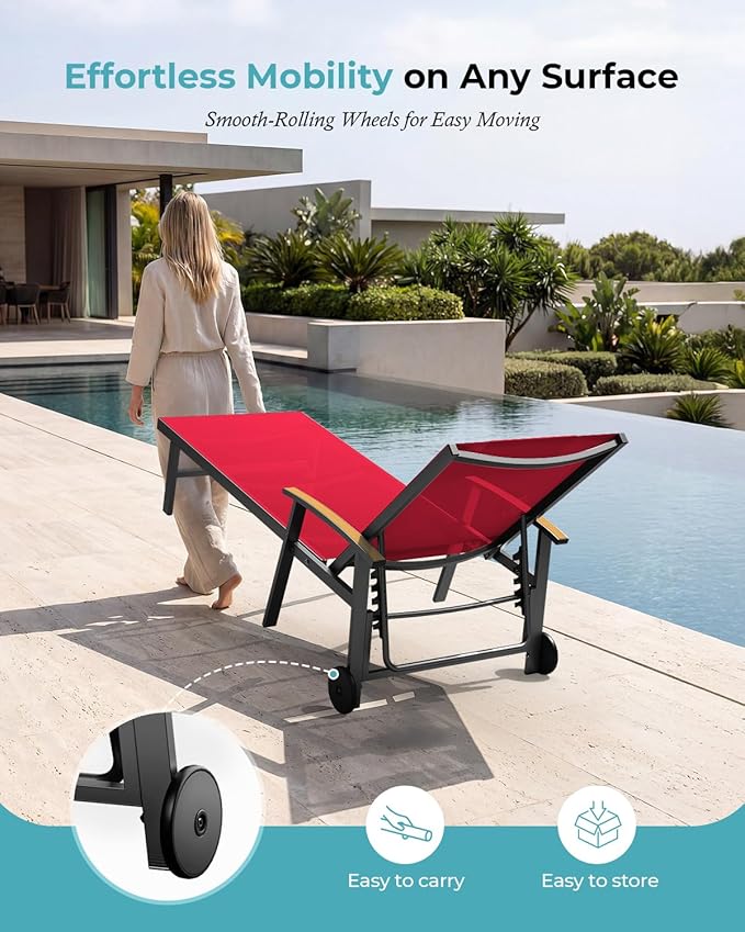 Ciokea Outdoor Lounge Chair with Pillow Set of 4, 5-Position Chaise Lounge with Wheels & Armrests, 400 lbs Heavy Duty Aluminum Pool Lounge Chairs, for Beach, Deck, Poolside & Backyard, Red