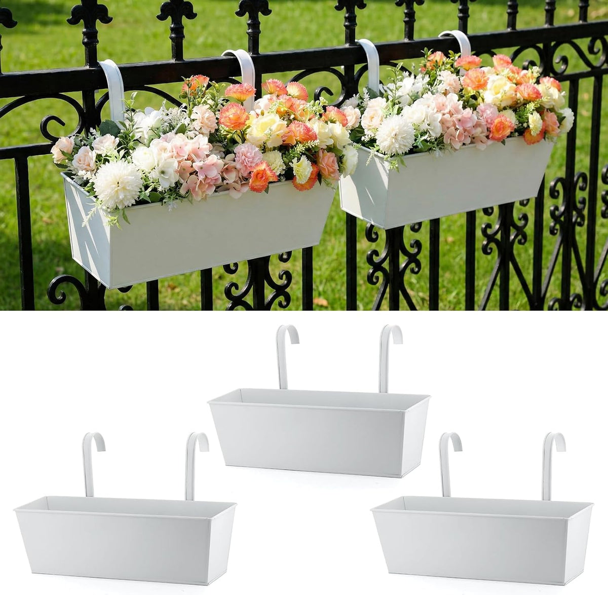 metal railing planters, 16 inch large rectangular hanging, main product view