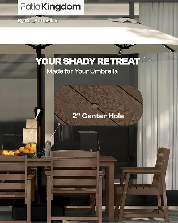 Brown 9-Piece Outdoor Dining Set with Beige 11FT Cantilever Umbrella, 75.2'' HDPE Table & Chairs for 8, Weather-Resistant Furniture with Umbrella Hole for Patio, Lawn, Poolside