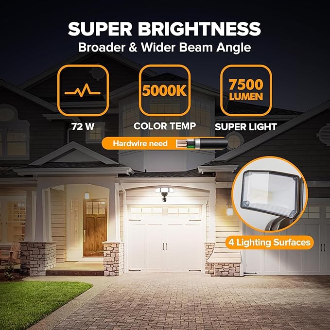 LUTEC 2 Pack 72W 7500LM LED Security Lights Motion Sensor Light Outdoor, 5000K Daylight, IP65 Waterproof, Dusk to Dawn, 3-Head Motion Detected Flood Light for Garage, Yard, Porch(Brown)
