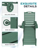 Outdoor Lounge Chair Set of 4, All Weather Patio Chaise Lounge Chair for Outside, HDPE Chair with Rolling Wheels & Cup Holder, 5 Position, Deck, Pool, Green