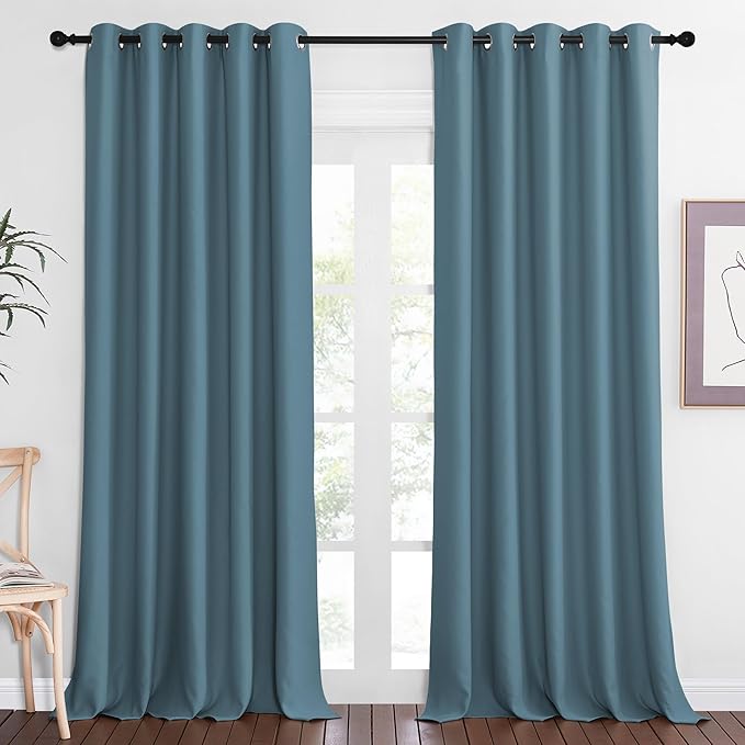 NICETOWN Patio Blackout Curtain Panels - Extra Wide Sliding Door Thermal Insulated Drape, Privacy Room Divider Curtain for Bedroom Office (Smoky Blue, 66 x 118 Inch Long)