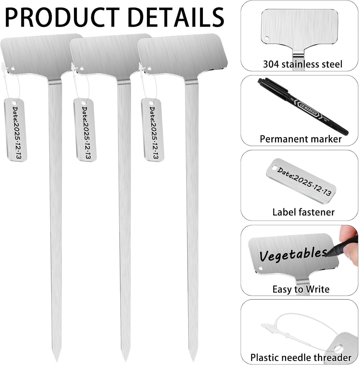 304 stainless steel plant markers, 20 waterproof metal showing dimensions