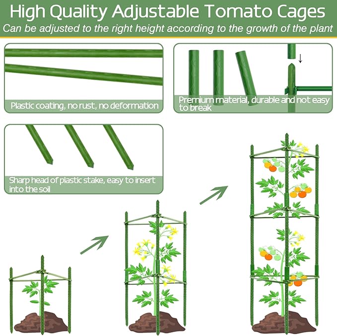 Halatool 8 Pack Tomato Cages for Garden,Up to 48in(4FT) Adjustable Tomato Cage,Garden Stakes Tomato Trellis for Pots,Tomato Plant Support for Raised Garden Bed&Climbing Vegetables Flowers(Green)