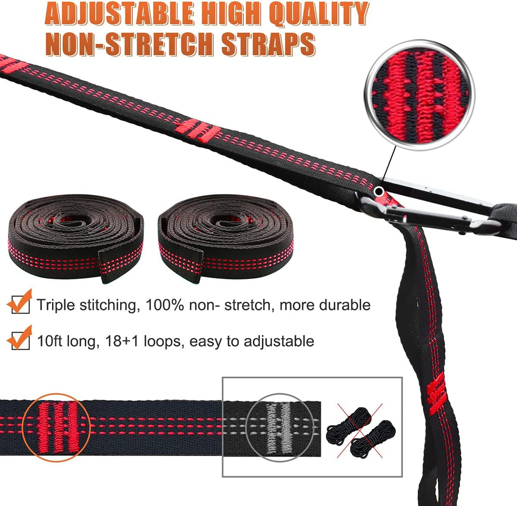Gold Armour Hammock Straps XL Combined 20 Ft Long, 36 Loops with 2 Carabiners - Must Have Camping Hammock Accessories & Gear to Hang Camping Hammocks (Black with Red Stitching)