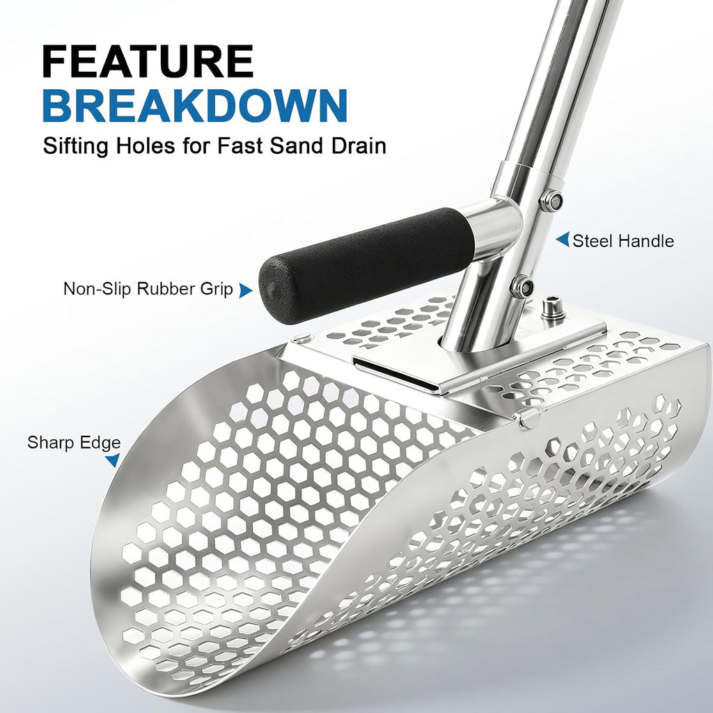 long handle sand scoop, stainless steel shovel scoop, close-up detail