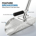 long handle sand scoop, stainless steel shovel scoop, close-up detail