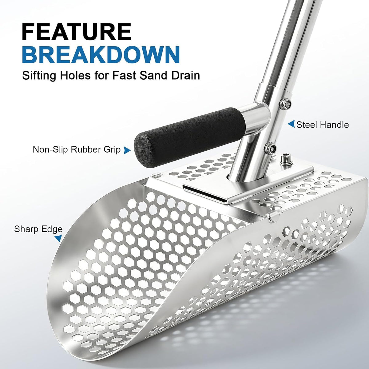 long handle sand scoop, stainless steel shovel scoop, close-up detail