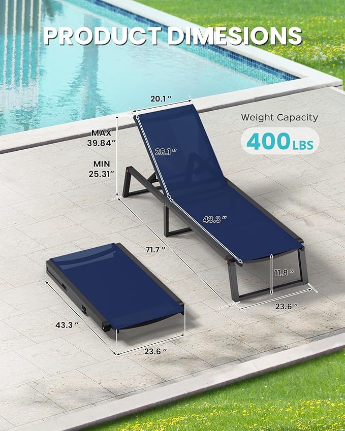 Aluminum Chaise Lounge Outdoor Set of 2, Foldable & Assembly Free Patio Pool Lounge Chairs 5-Position Recliner for Outside Poolside, Fully Grounded Legs Sun Lounger for Beach, Yard, Navy Blue