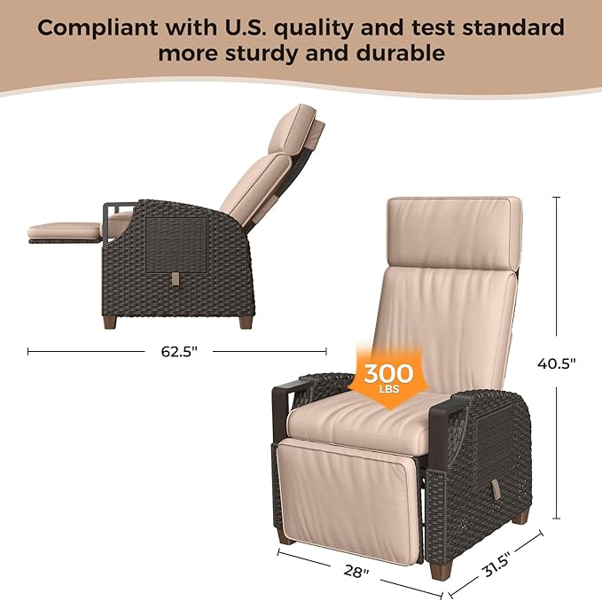 Grand patio Outdoor Recliner Air Pump 150° Lay Flat Reclining Chair with Independent Adjustable Back and Footrest Removable Olefin Cushion Flip-Up Table Wicker Beige 2PCS