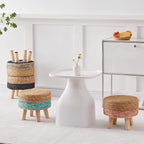 Wimarsbon Round Foot Stool Natural Seagrass Poufs Ottoman Hand Weave Footrest Stool for Couch Desk Extra Seat Step Stool with Solid Wood Legs for Hallway Patio Lounge Blue