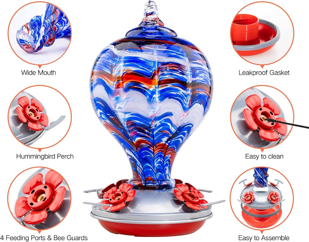 Muse Garden 32OZ Hummingbird Feeders Blown Glass Hummingbird Feeder, Garden Backyard Decor for Outside, Navy Blue | Muse Garden 32OZ Hummingbird Feeders Blown Glass Hummingbird Feeder, Garden Backyard Decor for Outside, Navy Blue