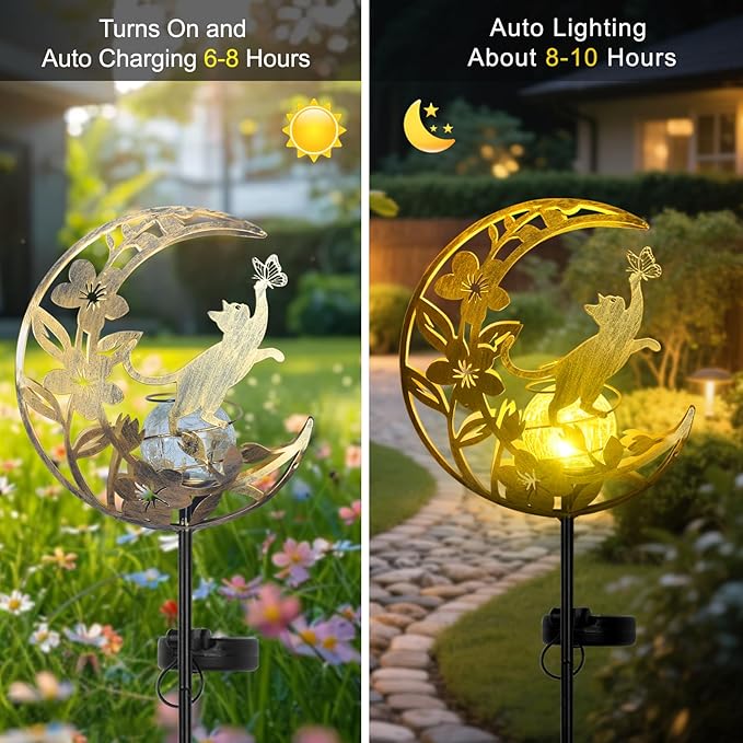 Cat Lights Outdoor Decor - Moon & Cat Sola Garden Lights Waterproof, Auto On/Off Pathway Lighting for Yard/Lawn/Patio, Handcrafted Metal Solar-Stake-Lights for Outside Decorations