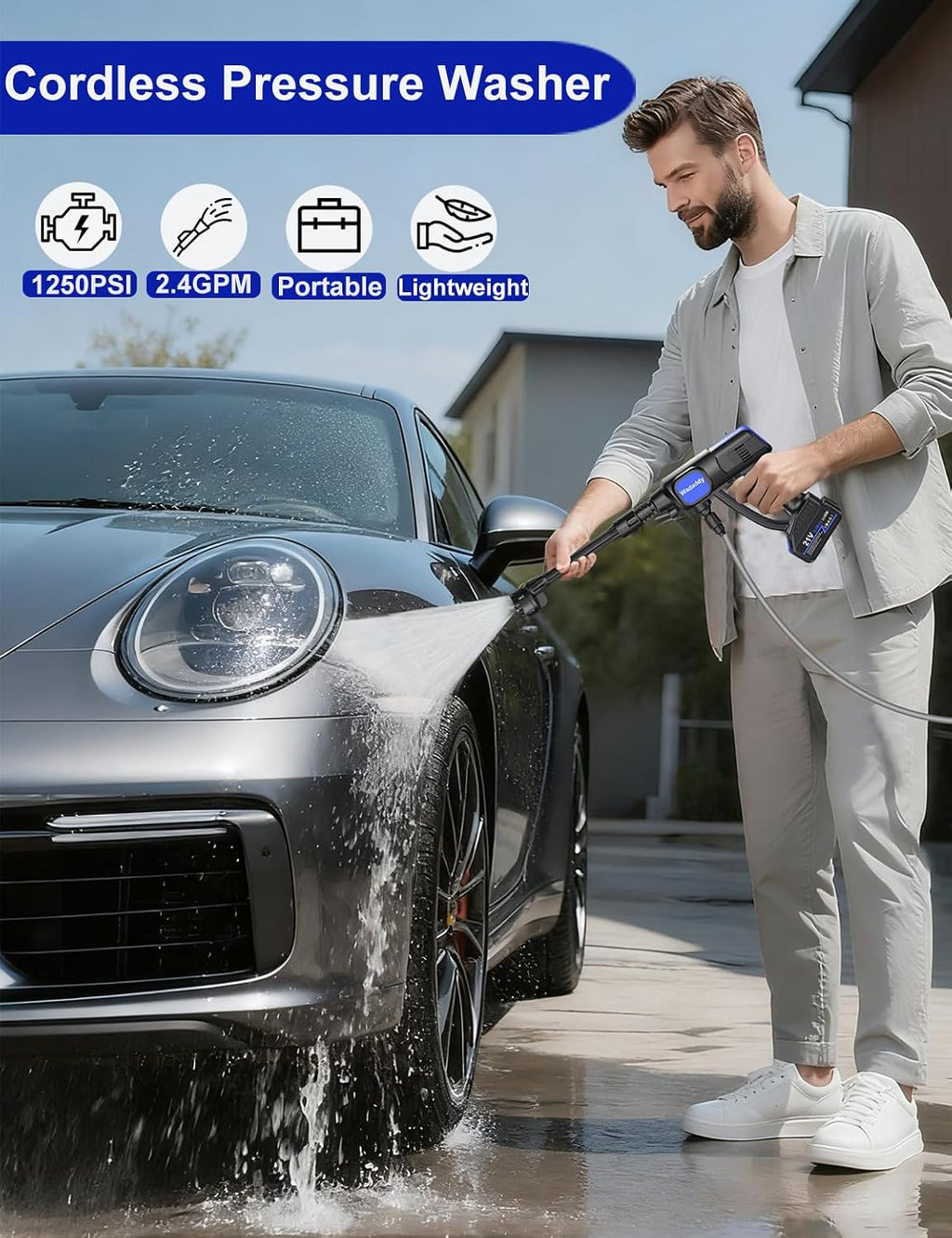 cordless washer with brushless motor for cars & shown in use