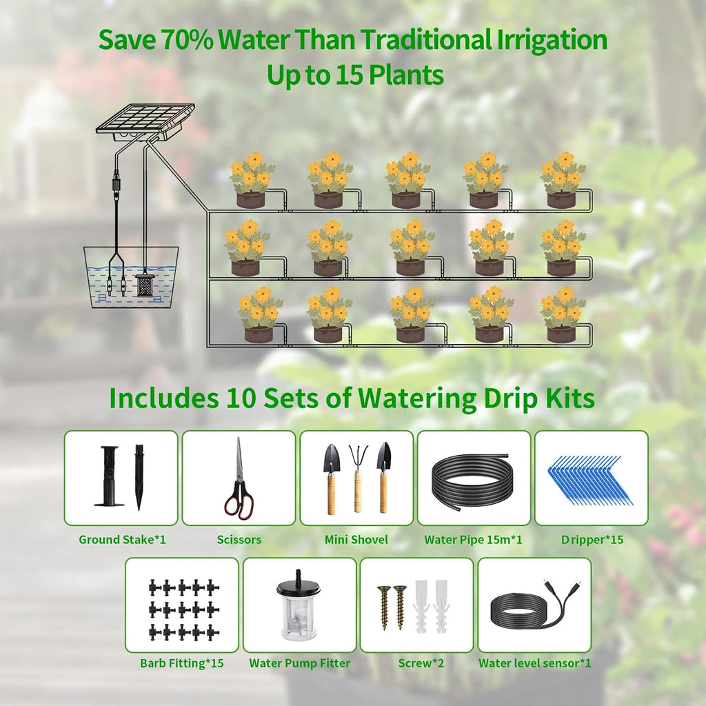 49ft solar drip irrigation system kit, auto watering, front angle view