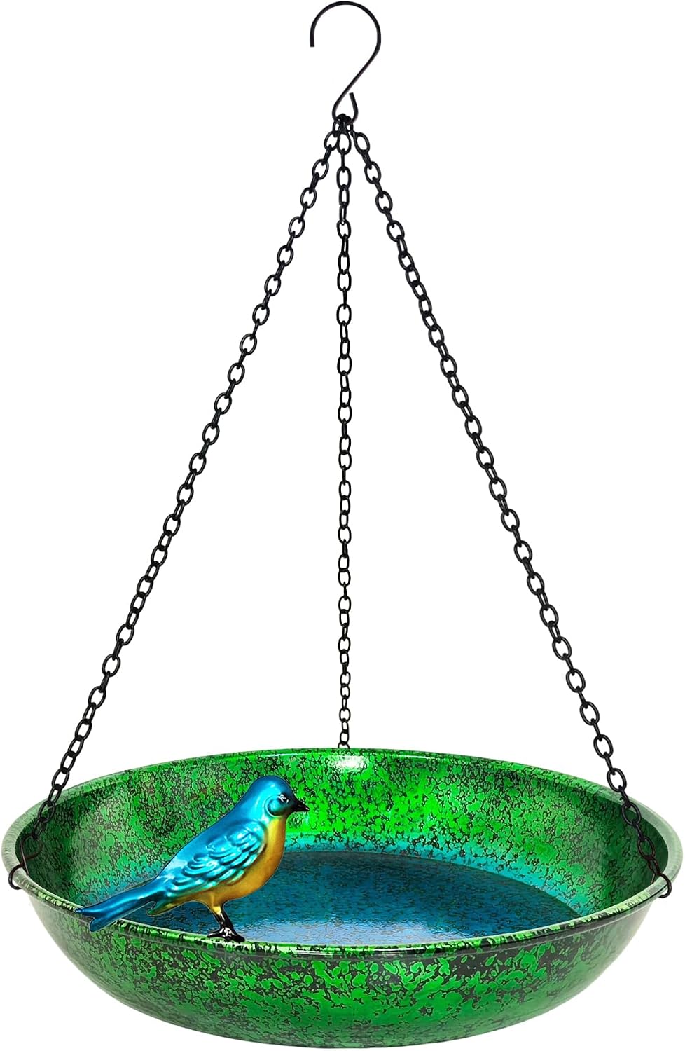 Hanging Bird Bath for Outside, 11” Metallic Green & Blue Metal Birdbath Bowl & Feeder with Black Chain Outdoor Garden Yard Decor (0.5 Gallon)