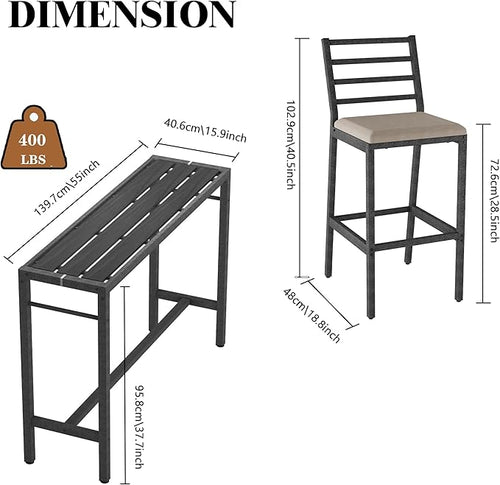 3Pcs Outdoor Patio Bar Set, 55" Rectangular High Top Table and Chairs Set with 2 Cushioned Bar Stools & Cover,Metal Pub Height Bistro Table Set for Balcony, Backyard, Porch, Deck,Garden, Pool