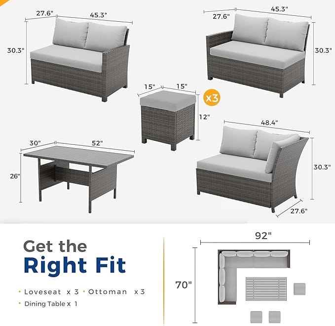 Wisteria Lane 7 Piece Patio Furniture Set, High Curved Back Wicker Patio Sectional, All Weather Outdoor Dining Set, Outdoor Furniture Patio Conversation Set with Ottoman, Grey