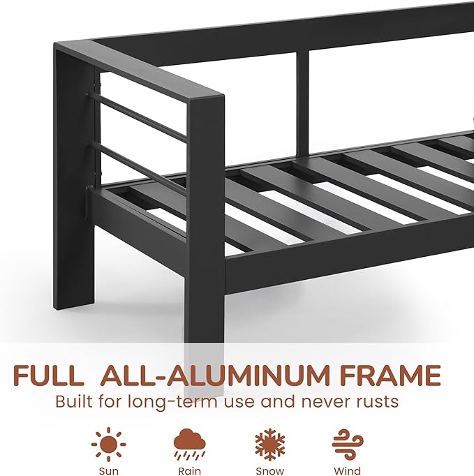 Solaste Aluminum Patio Loveseat, Metal Patio Sofa with Water-Resistant Cushion, Weather-Resistant Modern Outdoor Loveseat, Black Frame Grey Cushion
