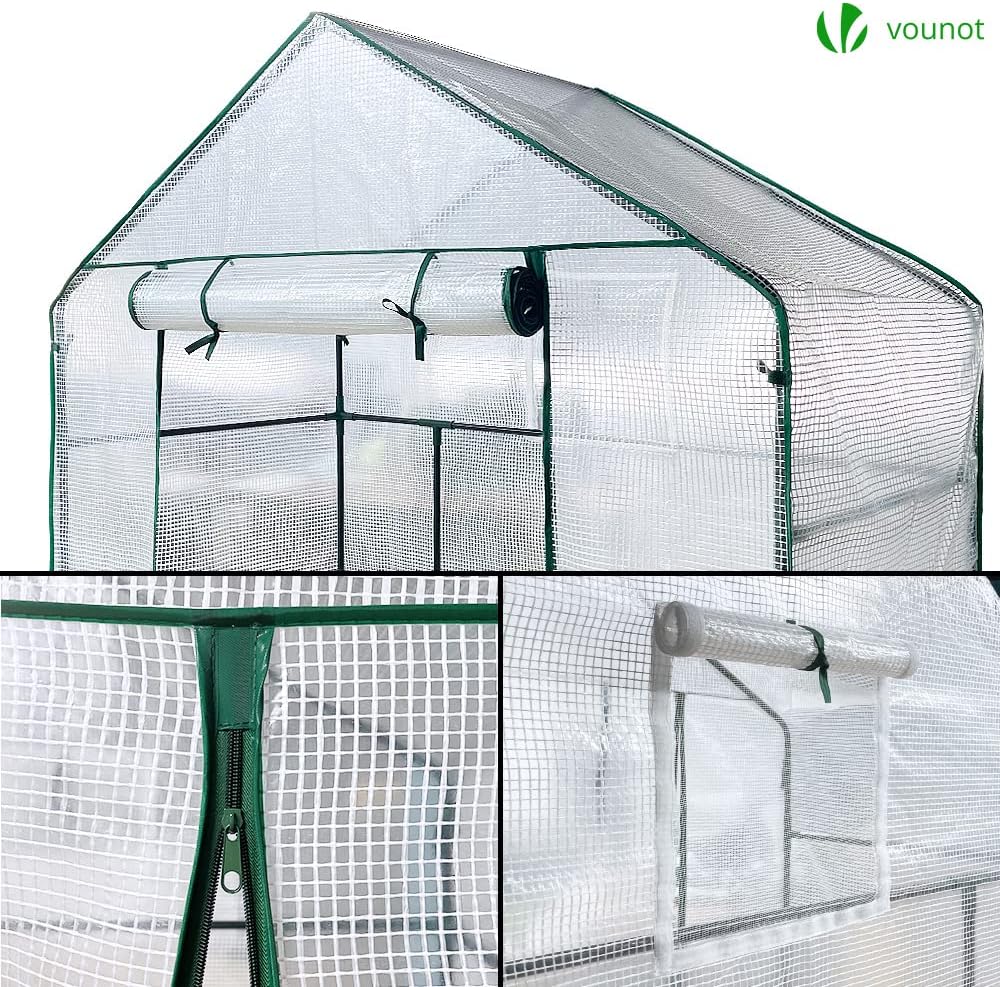 vounot walk in greenhouse with shelves, roll up, package contents