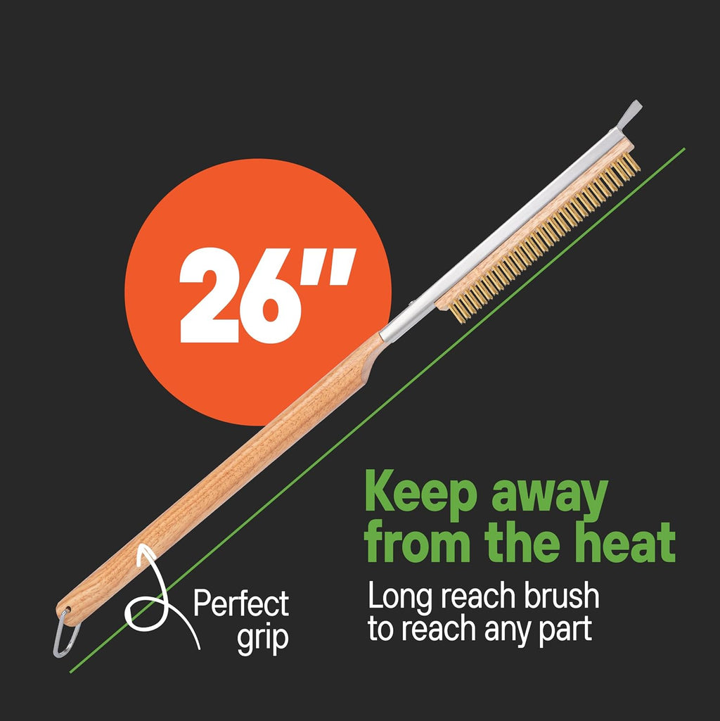 SCRUBIT 26" Pizza Oven Brush with Scraper, Heat Resistant - Stainless-Steel 2-in-1 Pizza Stone Brush with Pizza Stone Cleaner, Includes 2 Brush Heads and 30 Waste Bags - Works with Ooni Pizza Oven