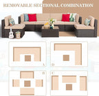 Vongrasig 7 Pieces Patio Furniture Sets, Outdoor Modular Sectional Sofa Patio Conversation Set PE Rattan Wicker Sectional Couch with Cushion, Glass Table for Patio, Garden, Poolside, Beige